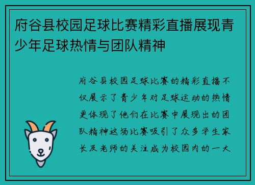府谷县校园足球比赛精彩直播展现青少年足球热情与团队精神